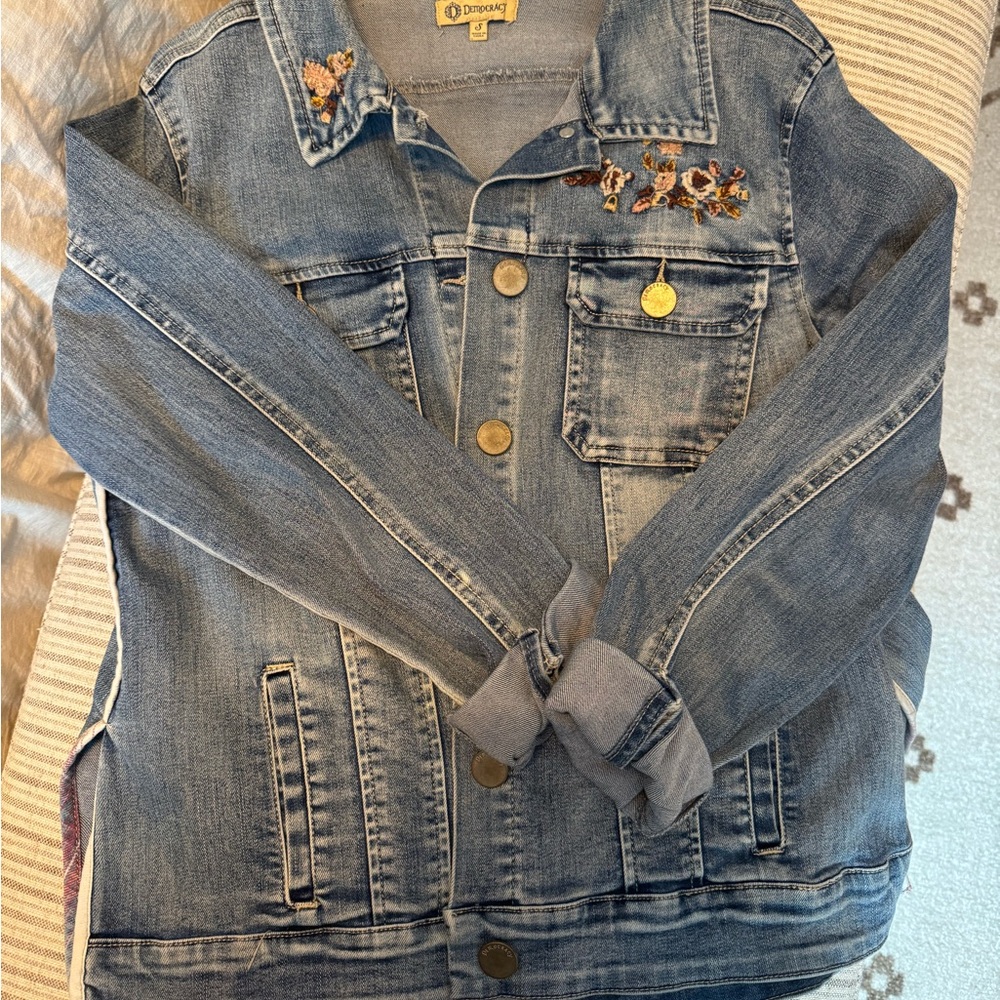Democracy Blue Jean Jacket with Floral Embroidery